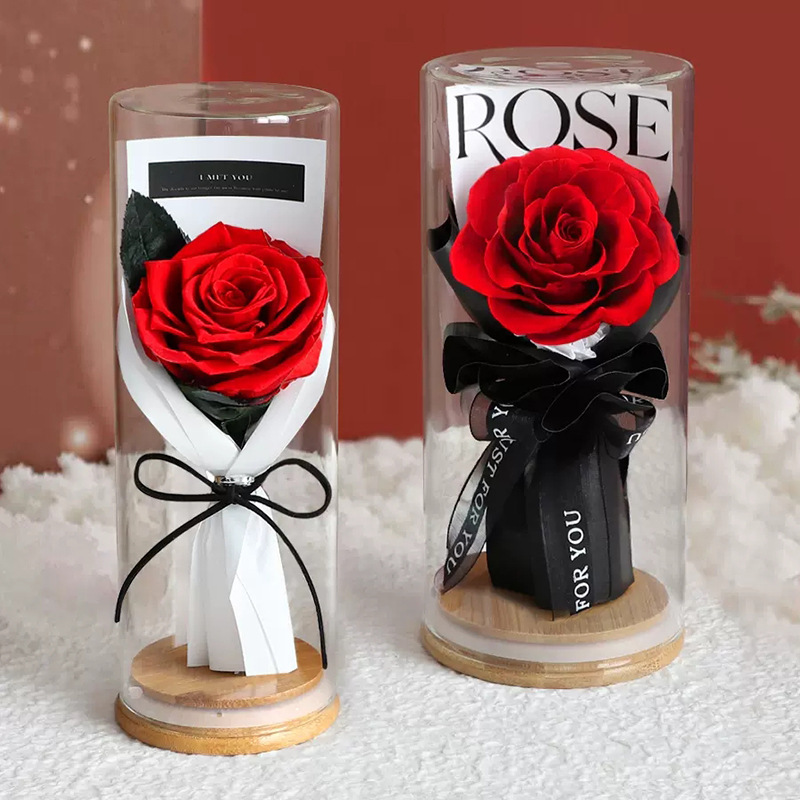 Rosa Preservada en Cúpula de Cristal, Producto Terminado, Regalo de San Valentín para Novia, Ramo de Flores Preservadas