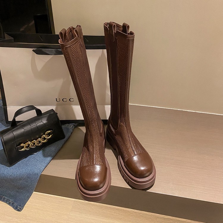 Boot lưới nữ da bò cổ cao thoáng khí mùa hè, đế dày, ống rộng cho chân to — Màu nâu ống lớn, Màu đen cổ ống lớn, Ống nhỏ màu đen, Chu vi ống lớn màu trắng be chi tiết 14