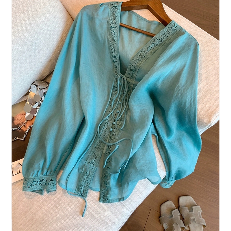 Blue Lace V-Neck Lace-Up Ramie Long-Sleeved Shirt for Women Summer New High-End Versatile Thin Sun Protection Shirt