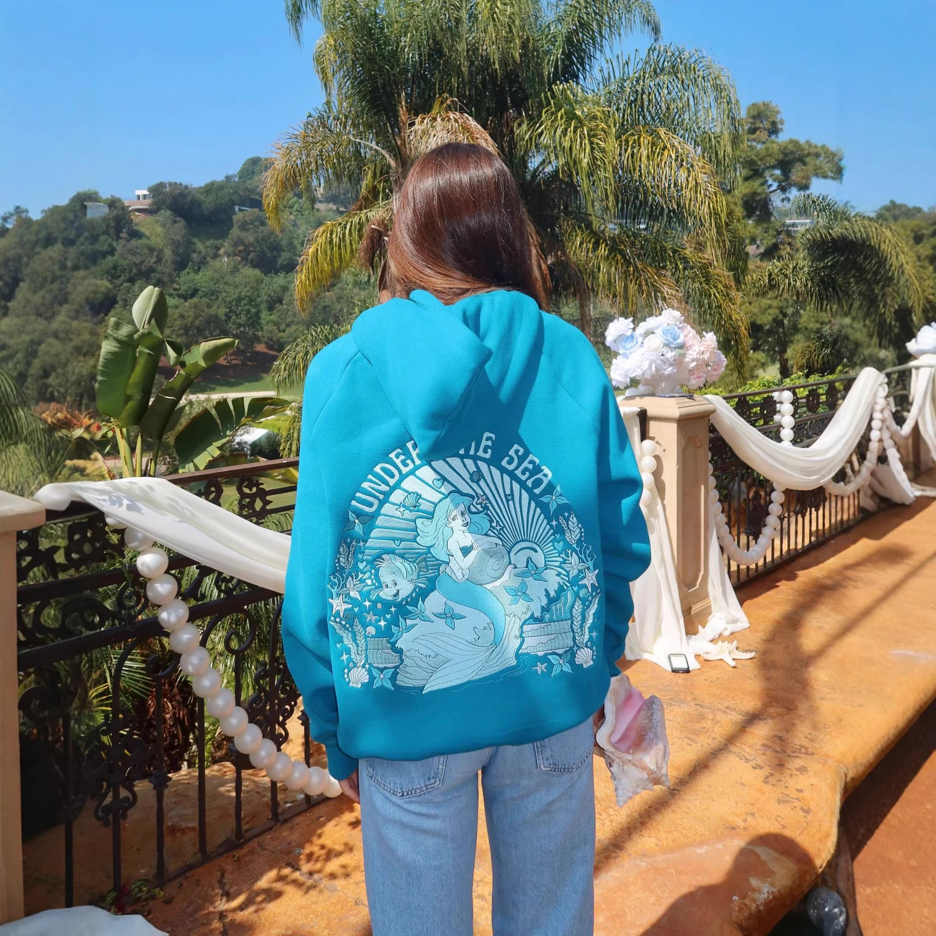 2026爆款跨境新款Pink Palm Puff海底世界宽松连帽衫卫衣印花图案