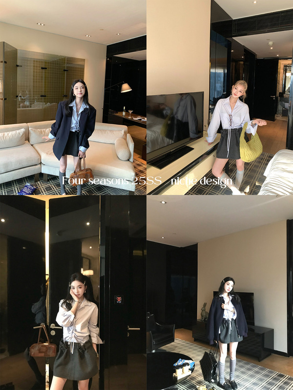 区区欧阳 抽褶半身裙女秋季新款复古花苞裙短裙辣妹短款A字裙裙子|undefined