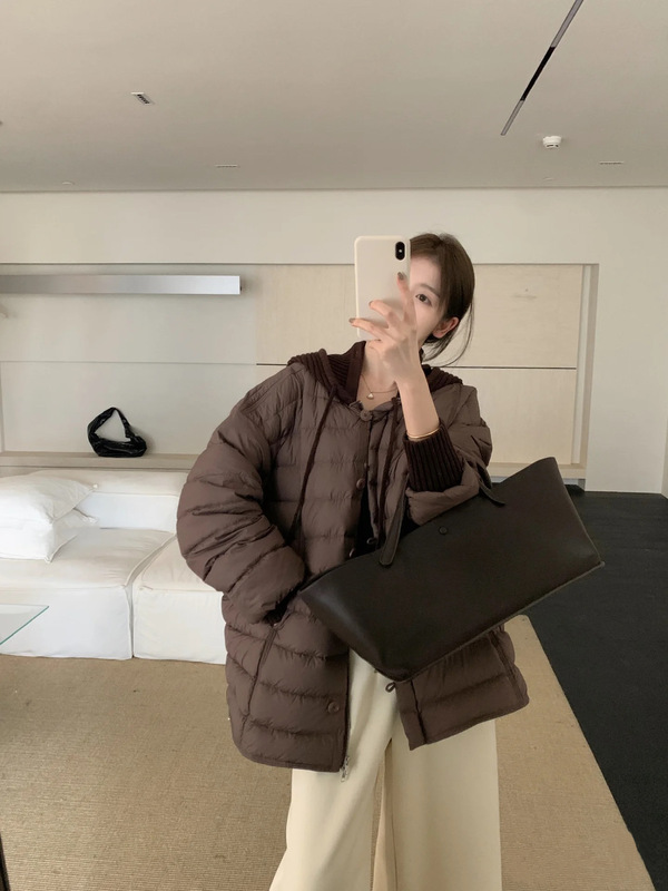 韩系超轻薄羽绒服女中长款针织连帽拼接小个子白鸭绒加厚保暖外套|undefined