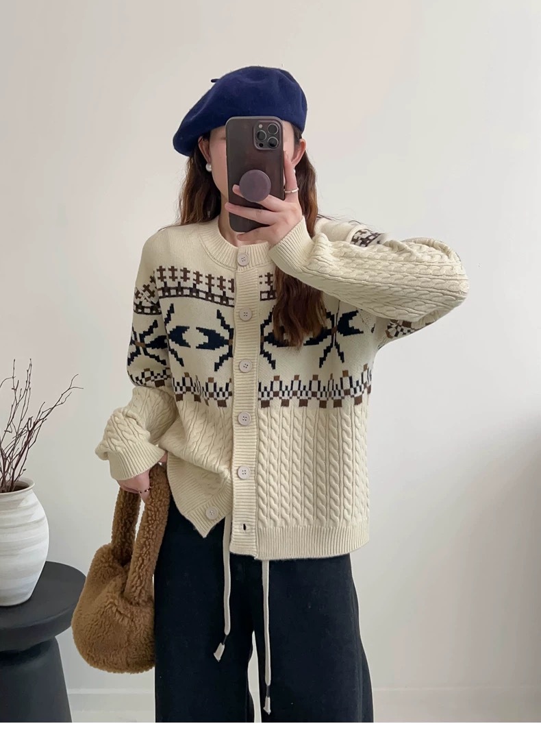 Jacquard torcido camisa de cuello redondo de punto Cardigan mujeres 2025 otoño y invierno nuevo estilo coreano suéter suelto abrigo image 7