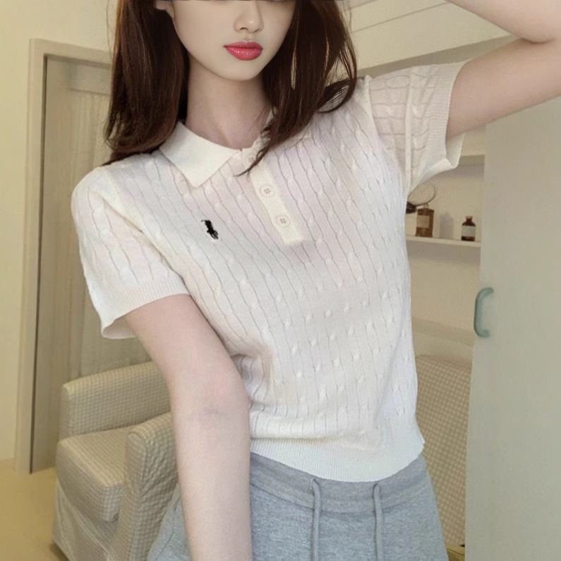 2025 Summer Women's Lapel Embroidered War Horse Short-sleeved Knit Women's 2025 Summer New Casual All-match Top