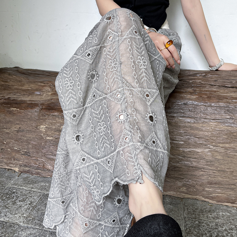 Thin Style Heavy Embroidery Hollow Lace Nine-Point Straight-Leg Pants for Women 2026 Summer New Slimming Wide-Leg Pants