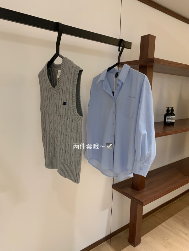 WGWE秋季韩系学院风刺绣叠穿坎肩针织马甲+长袖衬衫两件套装W7217|undefined