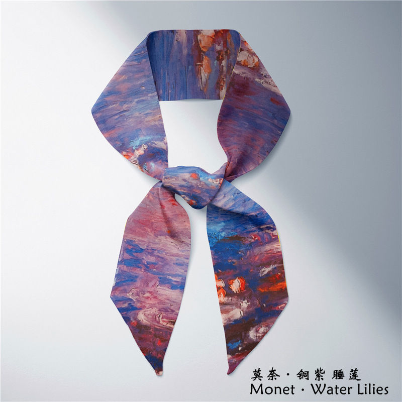 Monet Oil Painting Series Satin Pastoral Style High-End Small Silk Scarf Fresh and Natural Women's Hairband Tied Bag Ribbon