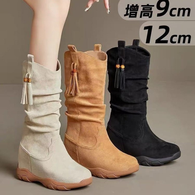 Women's 2025 Autumn New Retro V-Cut Stacked Boots with Internal Height Increase, Knee-High, Fashion Thick-Soled Slimming Martin Boots