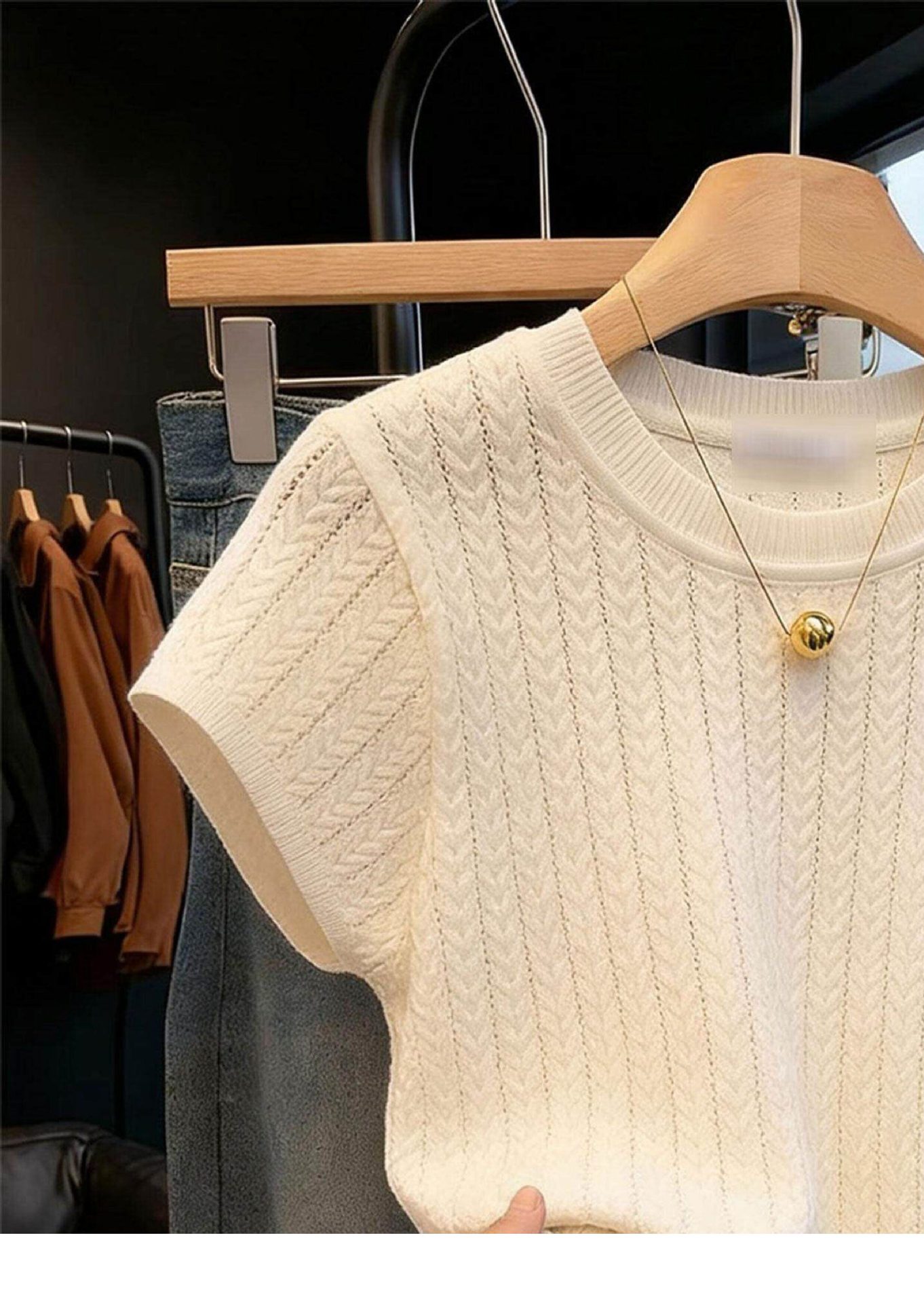 Áo thun tay ngắn dệt kim sợi mát cho nữ, thiết kế cut-out phong cách Pháp — màu đen chi tiết 2