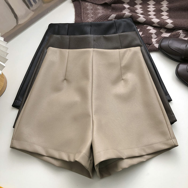 Solid color high waist PU leather A- line wide leg pants women's 2023 autumn Korean style fashionable all-match black casual shorts fashion
