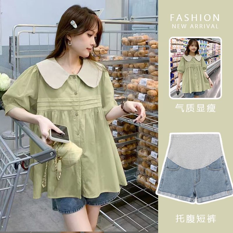 Maternity Wear Pure Cotton Top Summer Outfit Korean Style Loose Short-Sleeve T-Shirt Turn-Down Collar Shirt Babydoll Shirt Set Summer Fashion