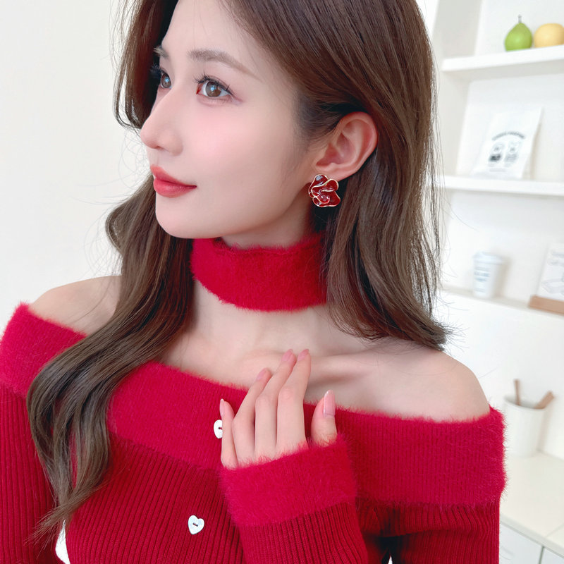 Orecchini a bottone in smalto rosso camelia Ankara di lusso francese, semplici e versatili, eleganti e alla moda, con fiori_voghion.com