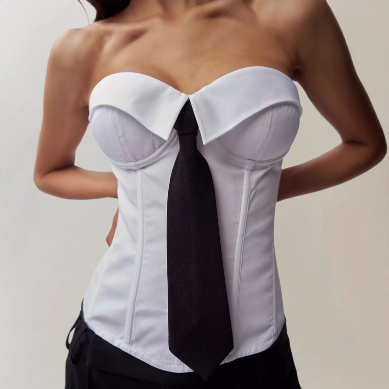 2024 Fashion New Women's French Lapel Tie Ornaments Strapless Short Top Tight Slimming Corset