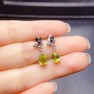 Natural Peridot Stud Earrings S925 Silver Inlaid with Main Stone 5*7mm Internet Celebrity Hot-Selling Women's Jewelry Wholesale Wedding Gift