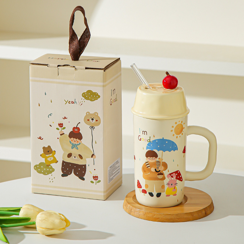 Caricatura creativa para niños y niñas tazas de cerámica con cubierta de paja para parejas tazas de agua taza de leche taza de desayuno regalo