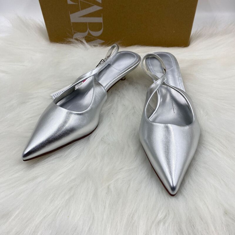 Za Home 2025 New Silver Internet Celebrity French High Heels Black Elegant Peep-Toe Sandals Fairy Shoes Goddess