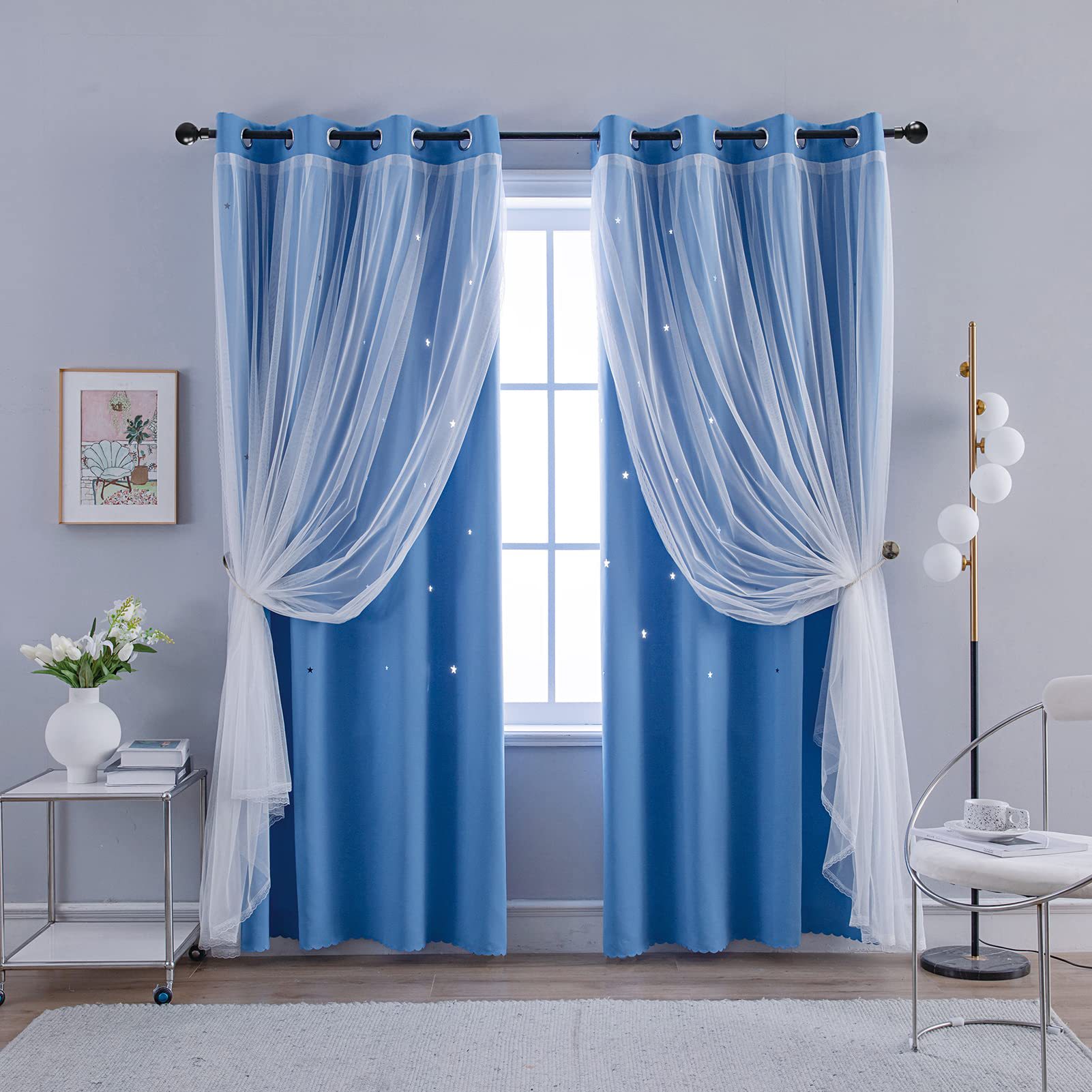 double layer curtains hollow star blackout rod punching short curtains_voghion.com