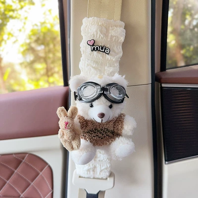 Seat belt shoulder pad, Plush Bear Car Creative Puff - white-bear-coffee-gray-sweater-one-puff-plaid-shoulder-guard