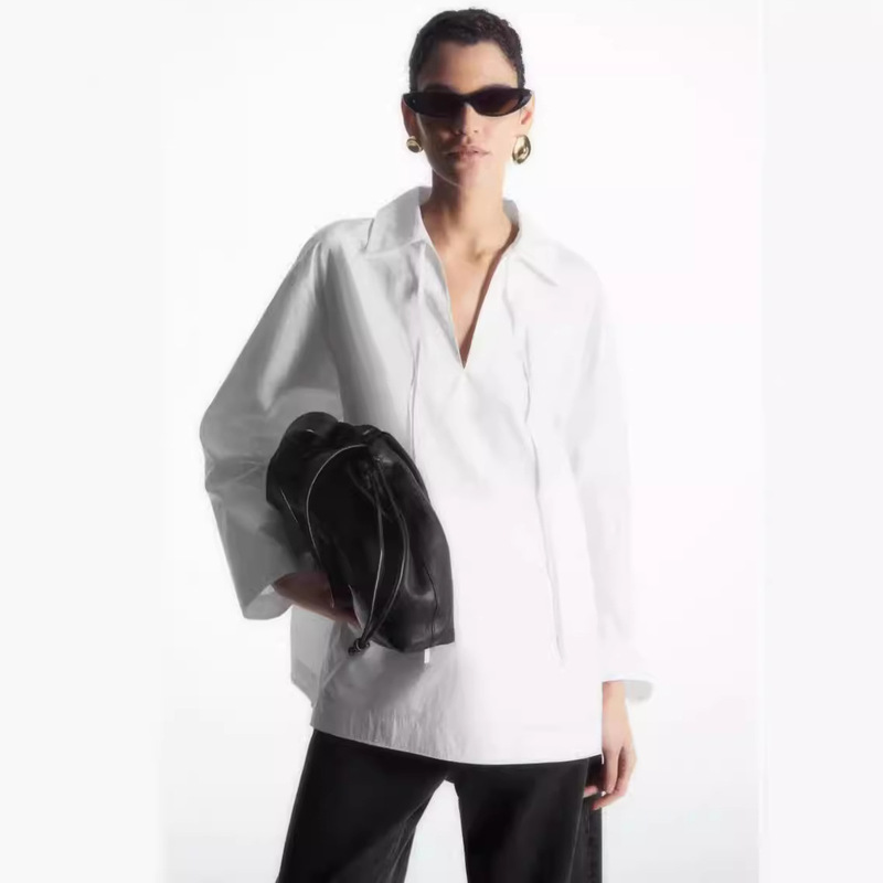 cos women's loose casual V-neck lace-up lapel design lazy white shirt cotton pullover top
