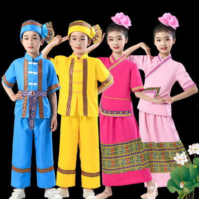 Children dai peacock dance dresses for girls boys china ethnic minority clothing Thailand xishuangbanna performance costumes Fairy Dresses Chinese folk dance costumes 