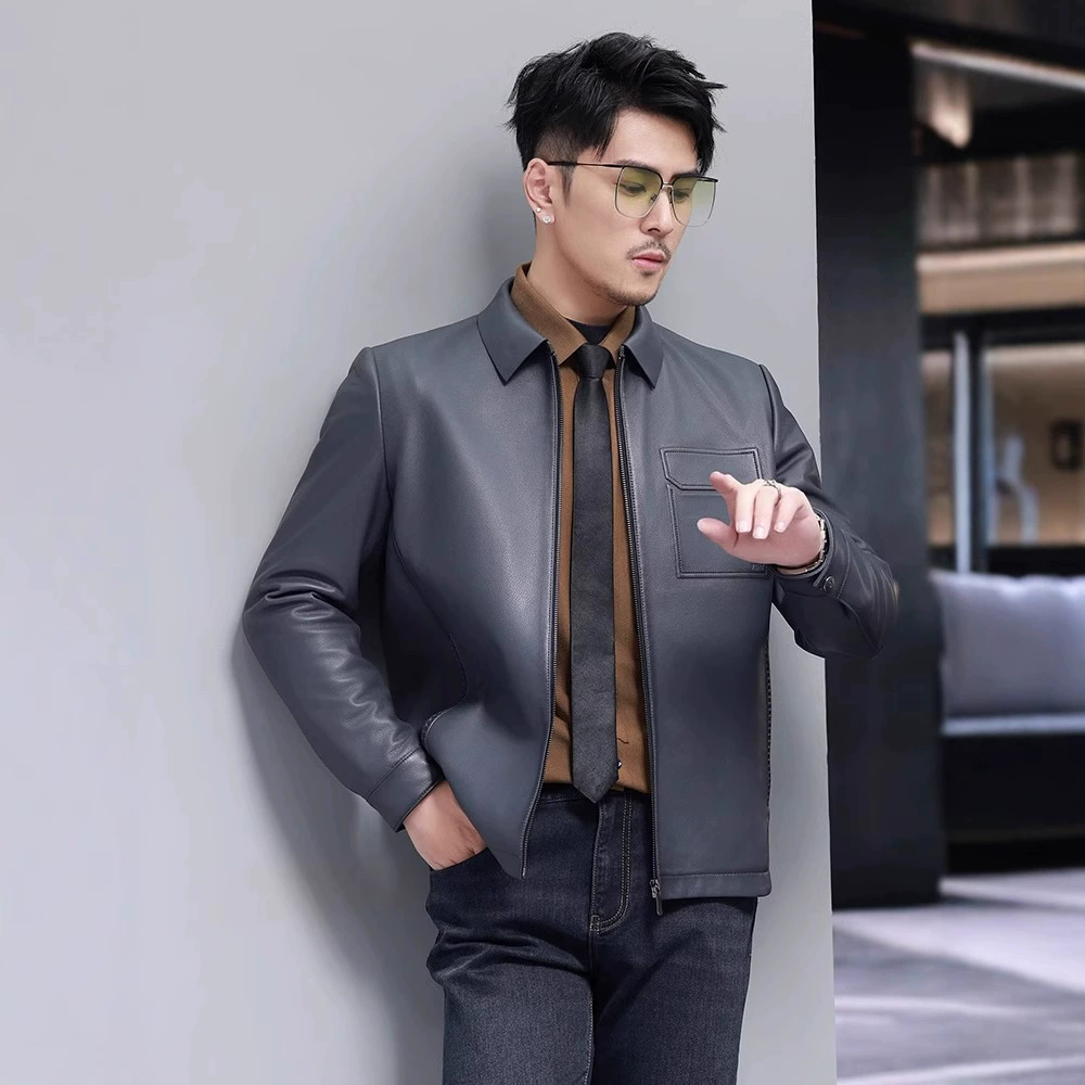 Короткая модная рубашка, жакет, натуральная кожа, slim fit