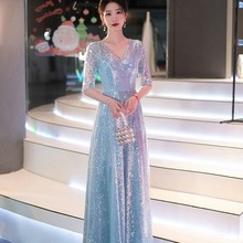 星空晚礼服女主持人大合唱演出服2025秋冬新款成人红歌舞蹈群演服