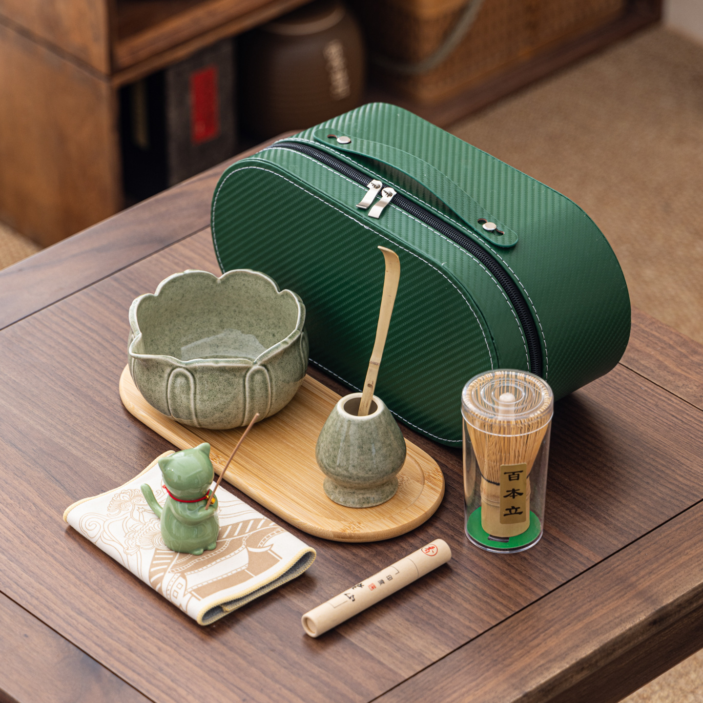 Cuenco de matcha corrugado caja de cuero set adorable gatito Xiangdao ocho piezas set punto té 100 tazas de té