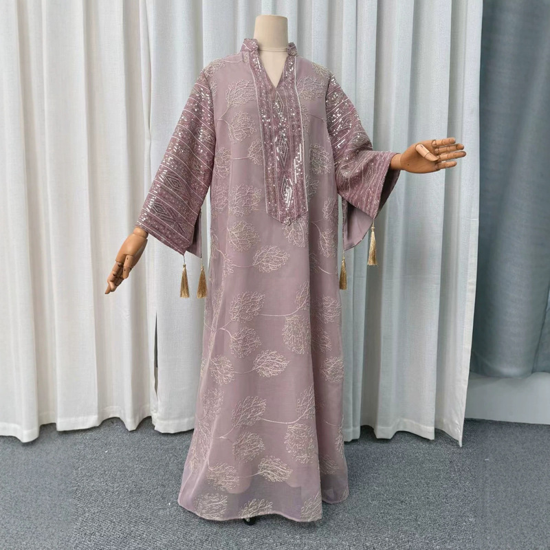 Cross-border four-color geometric print robe, stand-up collar sequin loose dress, holiday women's clothing, in-stock factory wholesale Cross-border four-color geometric print robe, stand-up collar sequin loose dress, holiday women's clothing, in-stock factory wholesale