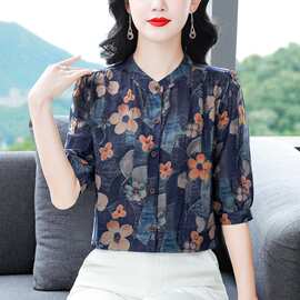 专柜印花桑蚕丝衬衫女2026夏季气质优雅中年妈妈时尚显瘦百搭衬衣