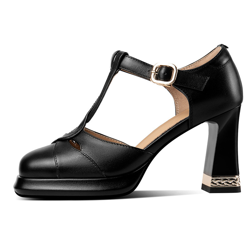 Giày sandal cao gót nữ bít mũi khóa chữ T phong cách retro, gót 8 cm — Màu đen chi tiết 7