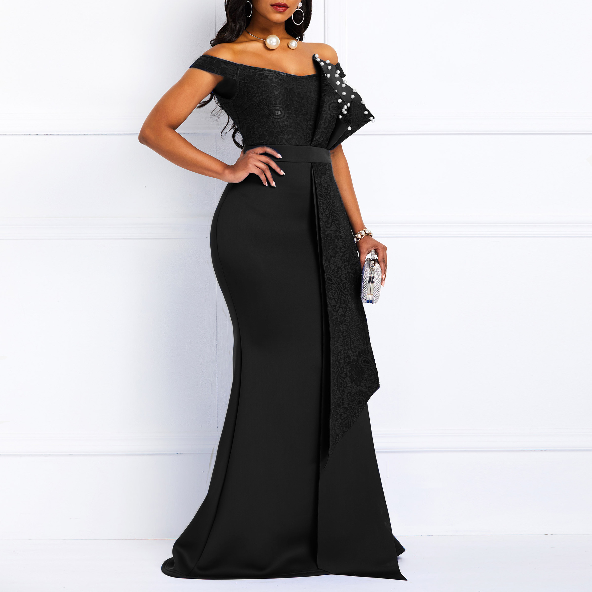 Elegante vestito da sera donna per ballo con perline e pizzo_voghion.com