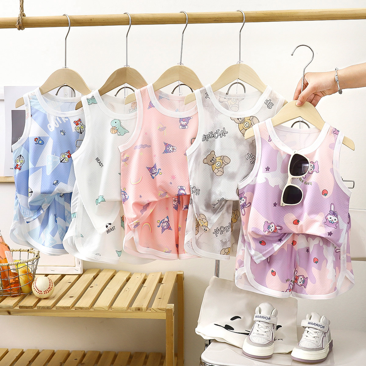 Children's Vest Set Class a Ice Silk Quick-Drying Summer Thin Suspender Shorts Boys and Girls Baby Sports Two-Piece Set