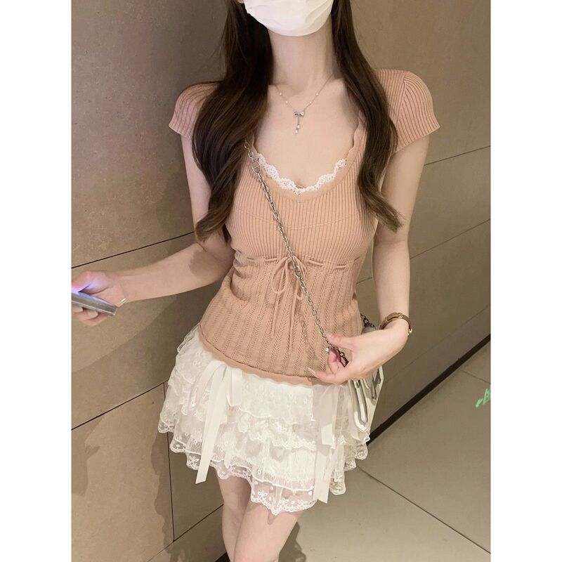 Lace Chanel-Style Pure Desire U-Neck Short-Sleeve Women's 2026 Summer Pink Large Neckline Slim-Fit Waist-Cinching Knit T-Shirt Top Lace Chanel-Style Pure Desire U-Neck Short-Sleeve Women's 2026 Summer Pink Large Neckline Slim-Fit Waist-Cinching Knit T-Shirt Top