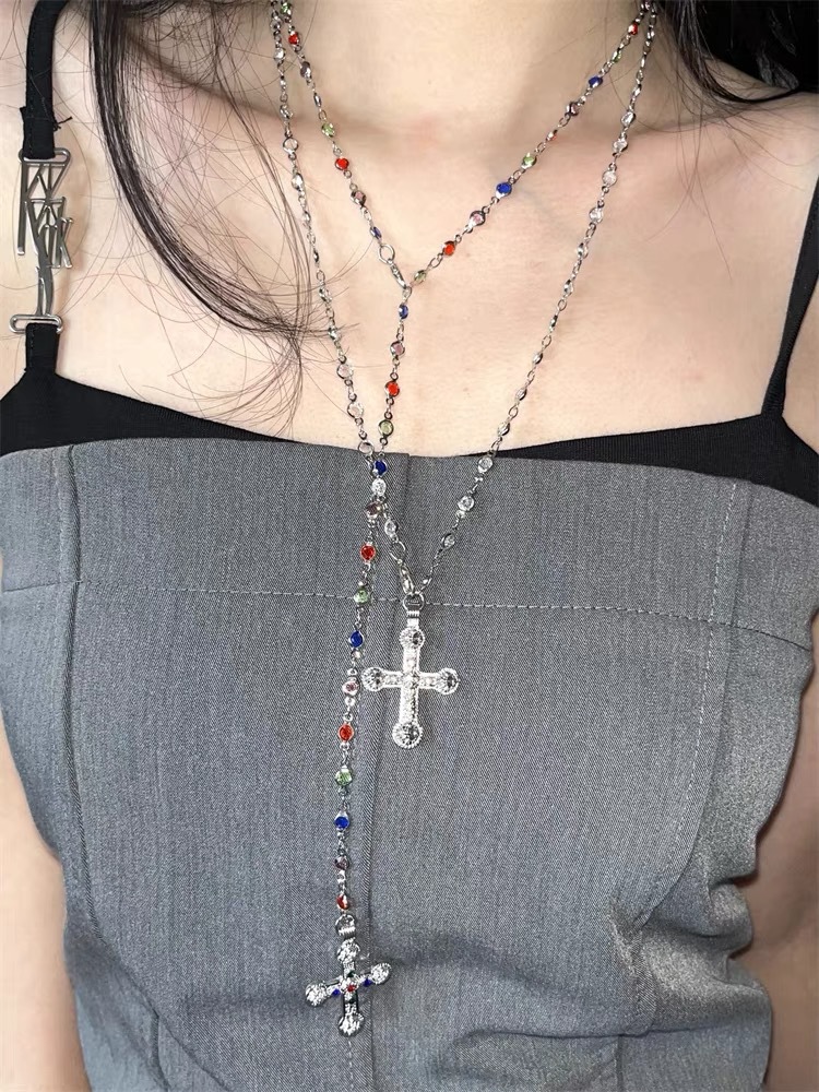 Fashionable Retro Diamond Embedded Spliced Cross Pendant Multi-Layer Colorful Hot Girl Cool Personality Long Necklace display picture 7