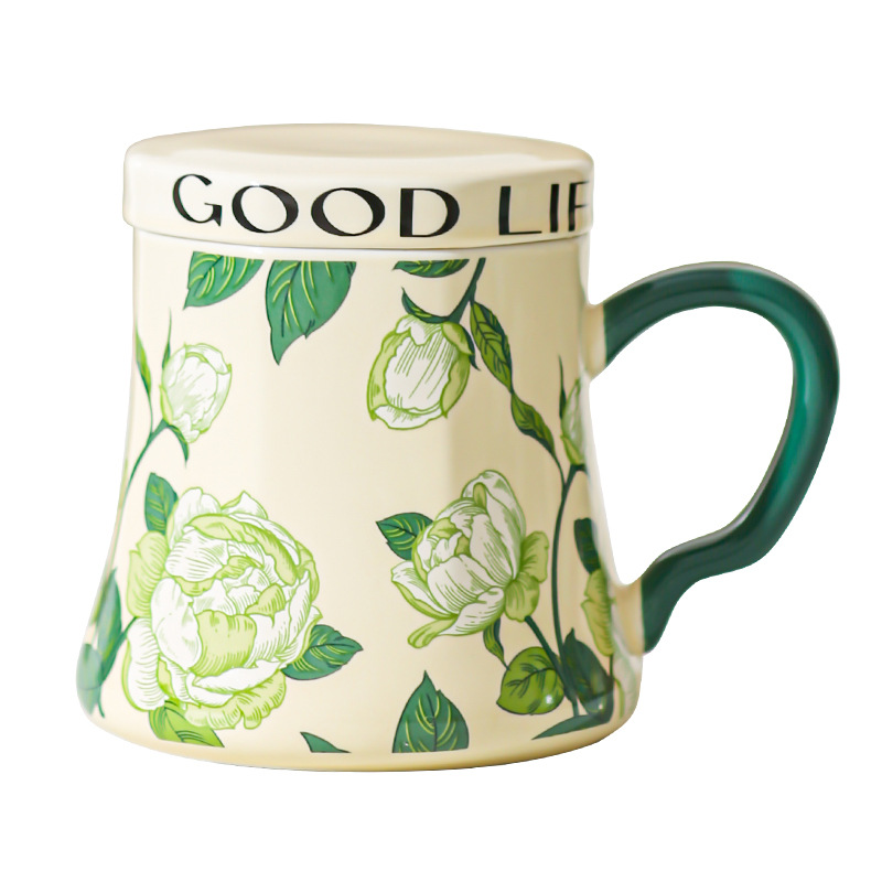 Taza de agua de cerámica de orquídea de campana, taza de café de gran capacidad, taza de desayuno con tapa de diseño, taza de café