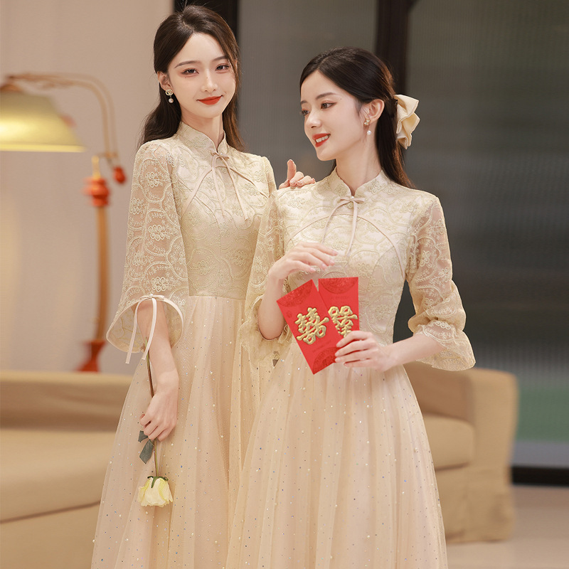 New Chinese-Style Bridesmaid Dresses 2025 New Champagne-Colored Long-Sleeved Slimming Sister Dresses Bridesmaid Group Dresses Evening Dresses