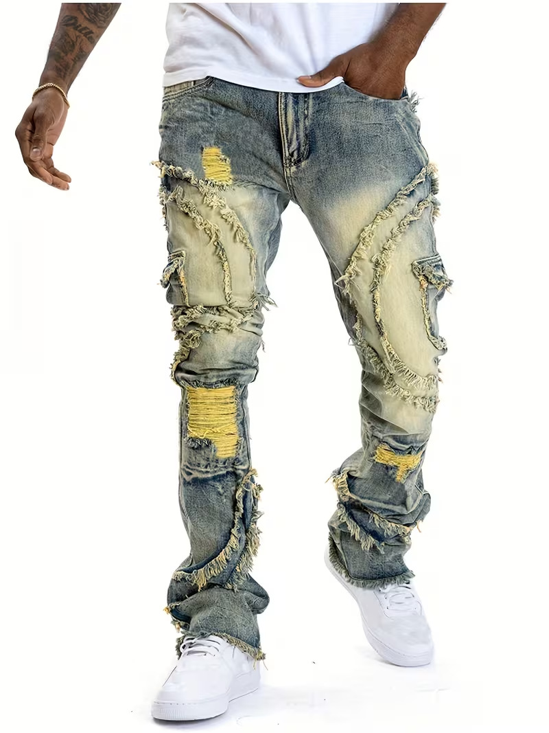 Transfronterizo para hombres europeos y estadounidenses agujeros microliscados Jeans elásticos Amazon Aliexpress TEMU nuevo