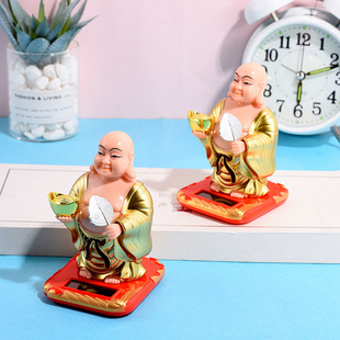 Small Solar-Powered Maitreya Buddha Figurine with Gold Ingots, Waving Hands, for Car, Business Opening, Home Decor, Small Fortune-Attracting Creative Item