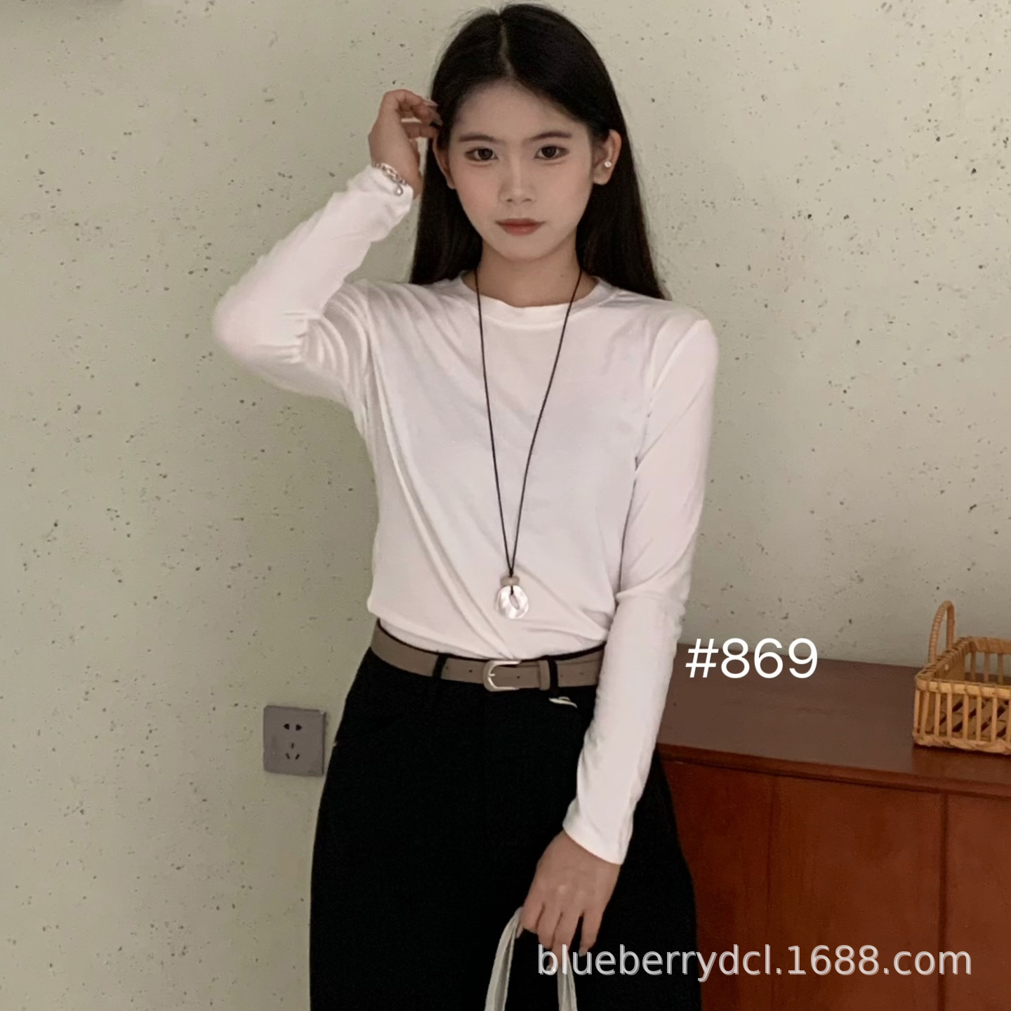 BlueberryD长袖春季打底衫女簿款正肩白色t恤可外穿春款上衣定制