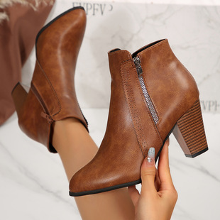 Women's Short Boots for Foreign Trade, Wish Aliexpress, New Autumn and Winter European and American Style, Solid Color, Chunky High Heels, Side Zipper, Large Size Martin Boots