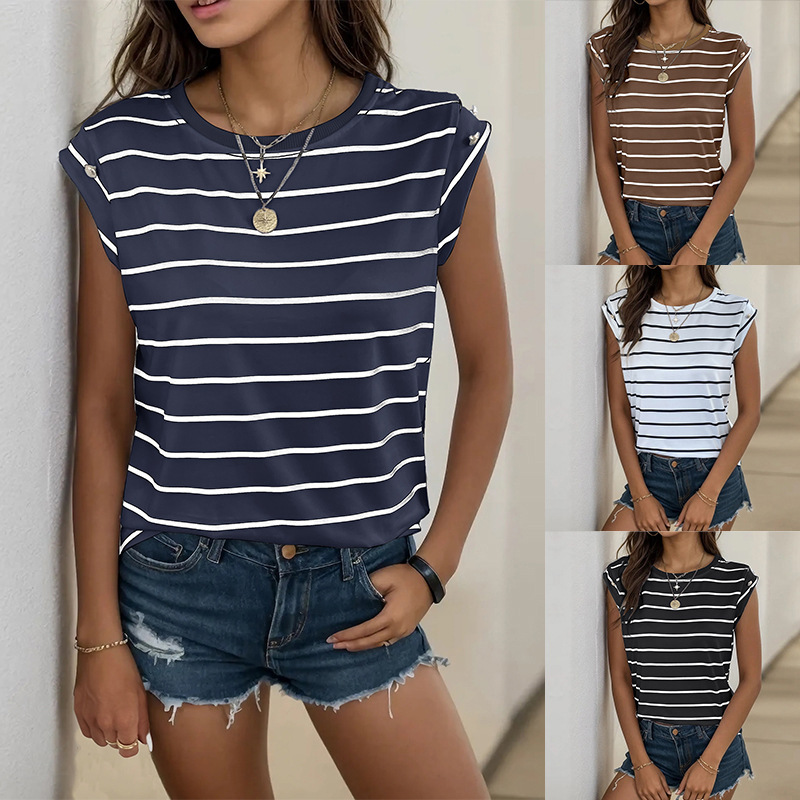 【Bai Fen Zhi Yi】Amazon's Summer Hot-Selling European and American Style Tops, Classic Versatile Sleeveless Striped Cross-Border T-Shirt for Women