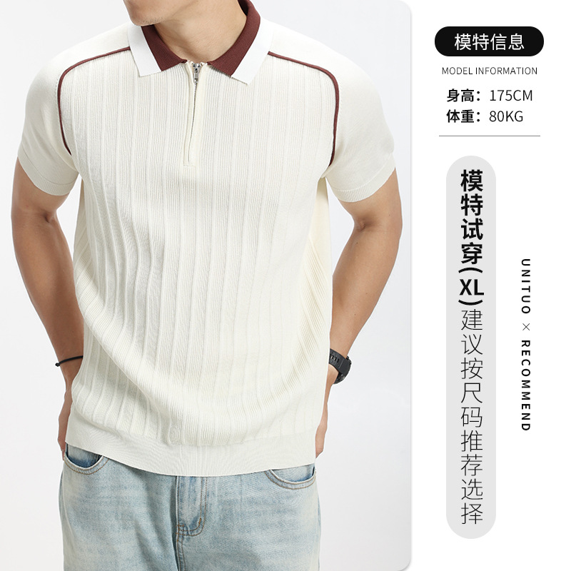 Hombres de alto nivel con la solapa de hielo camiseta de polo de punto hombre de negocios casual verano a rayas verticales camiseta de manga corta hombre