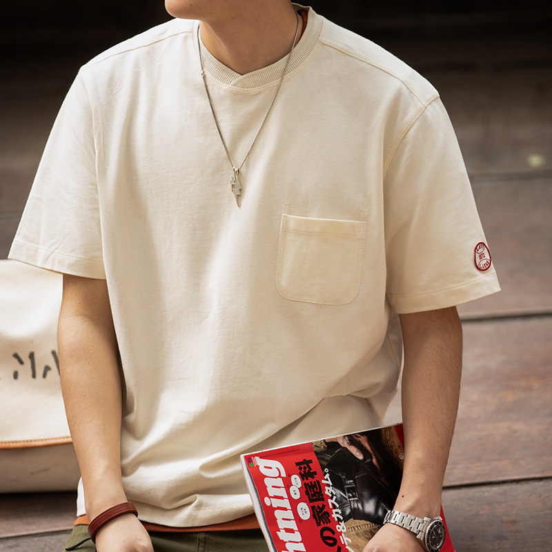 Maden Workwear Retro Heavyweight T-Shirt Baseball Collar Pocket Loose Sports Half-Sleeve Short-Sleeve Base Shirt Men Summer