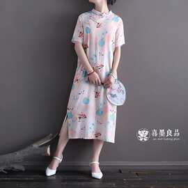 2021喜墨原创夏季女装新品复古印花手工盘扣开叉短袖女连衣裙旗袍