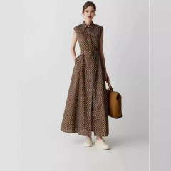 Xiaohe コットンプリントドレスウエストタイフレンチロングスリムスリムドレス
