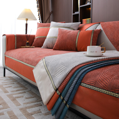 四季通用红色雪尼尔提花沙发垫 现代简约防滑拼色沙发坐垫巾批发