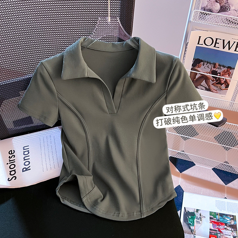 Polo襟の肩の半袖のtシャツの女性の夏のアメリカのレトロなギャルの底のシャツの甘い辛い風の魚の骨は腰の上着を収めます。|undefined