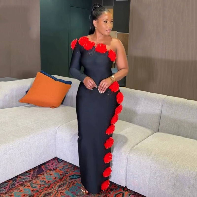 European and American Cross-Border Sexy One-Shoulder Beaded Red Flower Bandage Skirt Celebrity Party Banquet Evening Dress