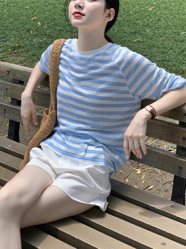 蓝色条纹长袖冰丝防晒T恤女夏季小个子宽松外搭薄款空调罩衫上衣|undefined