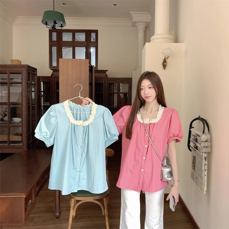 Fresh Style Lace Stitching Square Collar Shirt Women's Summer Design Sense Loose French Style Doll Shirt Puff Sleeve Short Top